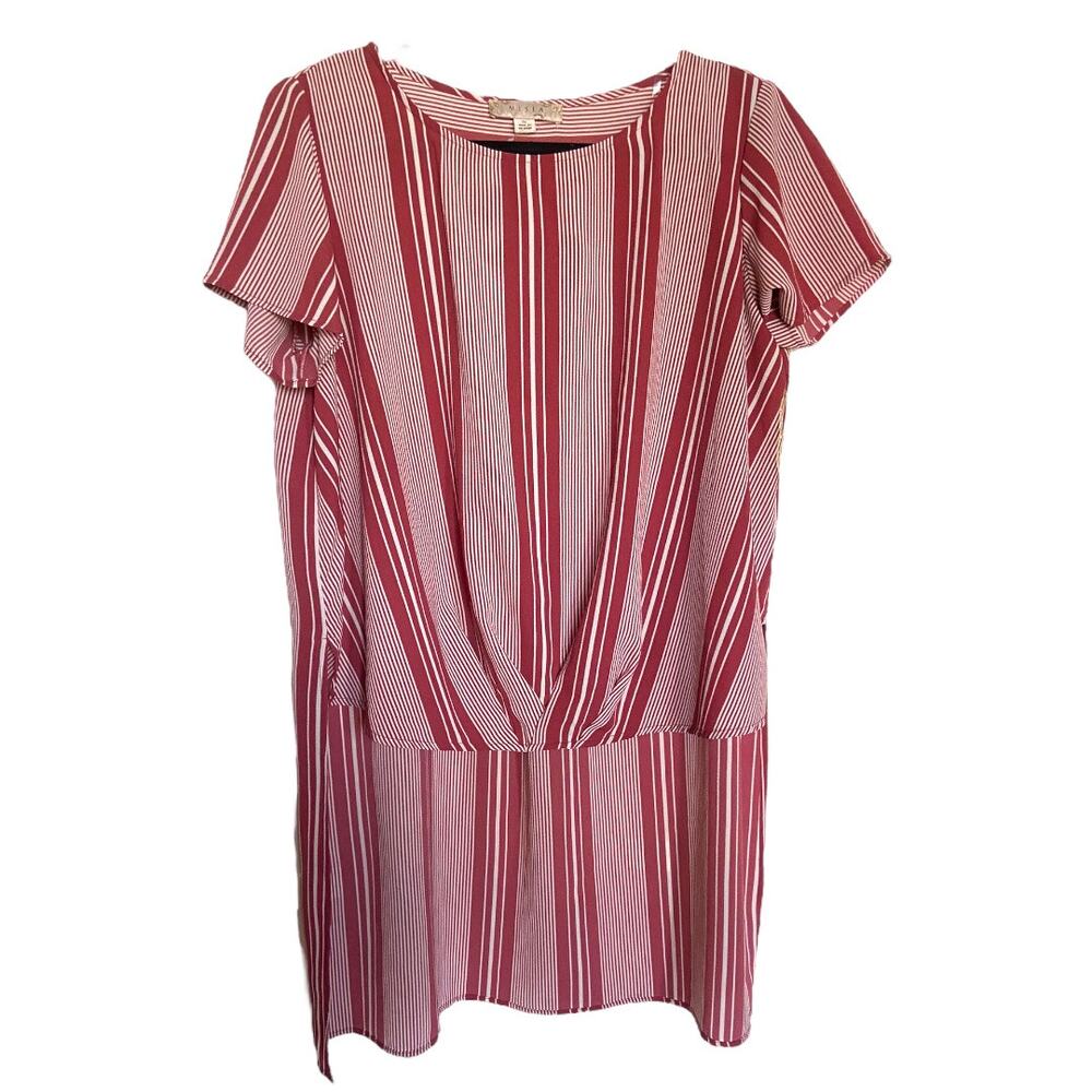 Misia Womens Blouse Size 1X High Low Red Cream‎ Striped Blouse Top Crinkle NEW
